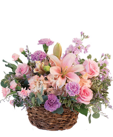 Pretty with Pinks Basket Arrangement in Brenham, TX | Sunny Day Blossoms Design Studio