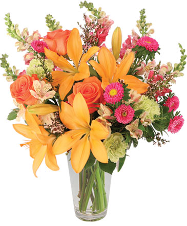 Sunset Lilies & Roses Flower Arrangement in Brenham, TX | Sunny Day Blossoms Design Studio